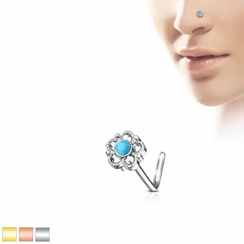 Flower Filigree Turquoise Center L Bend Nose Stud Rings