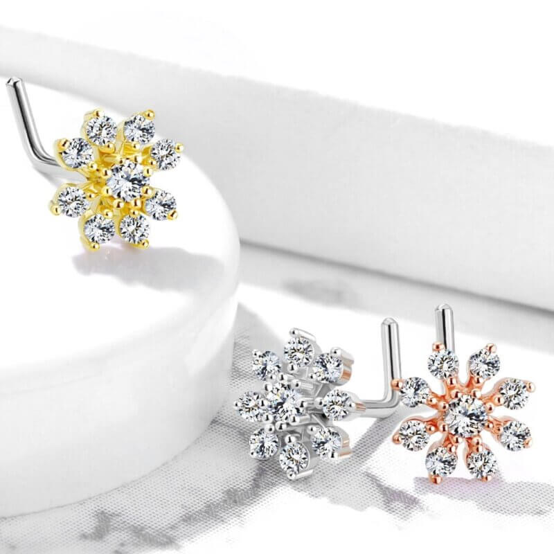 Double Tiered CZ Starburst Top L Bend Nose Stud Rings