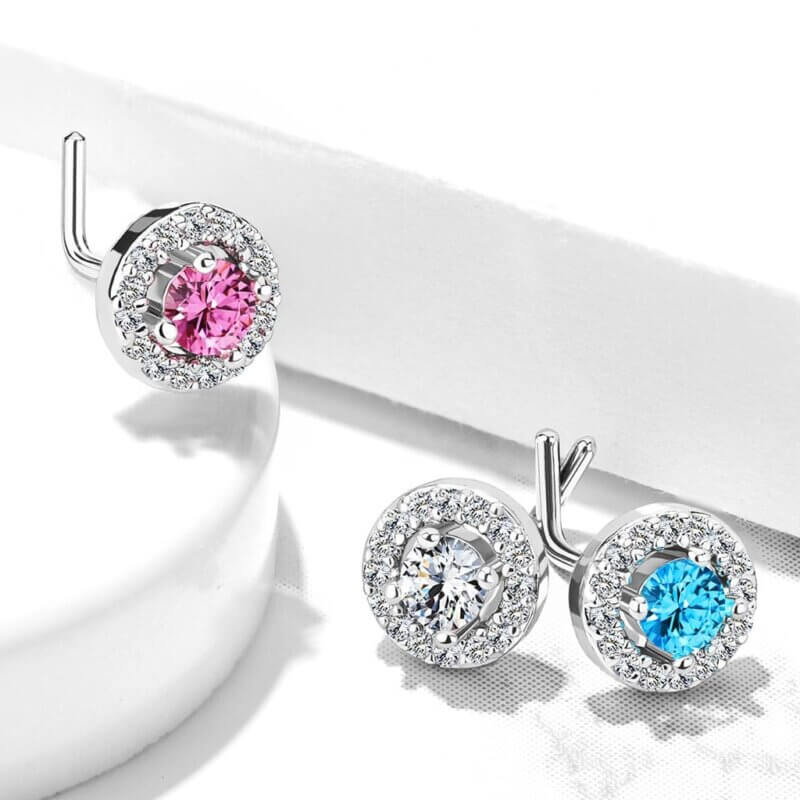 Double Tiered Round CZ Center Top L Bend Nose Stud Rings