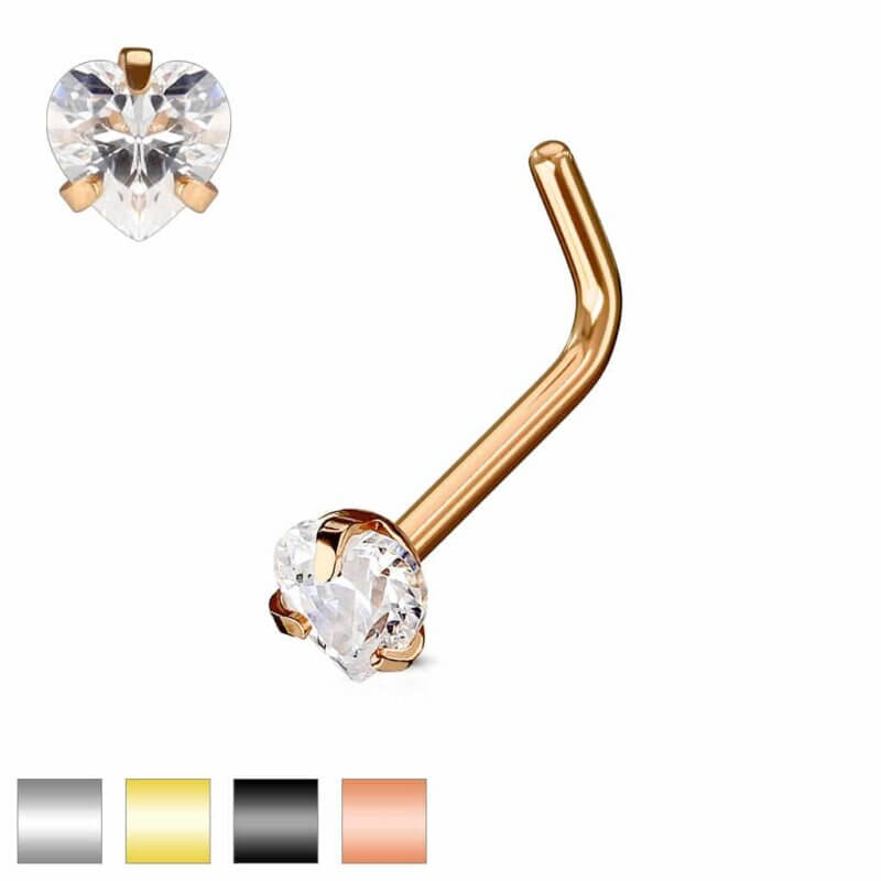 Heart CZ Prong Set  "L" Bend Nose Stud Rings
