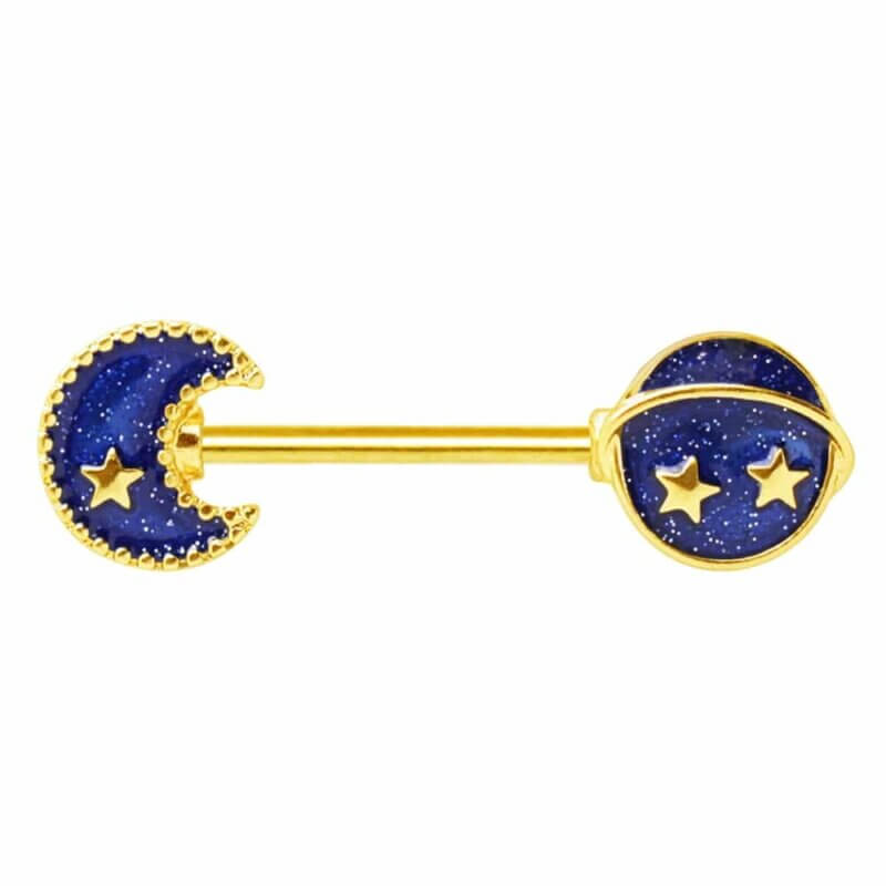 Bröstpiercing med måne och galax