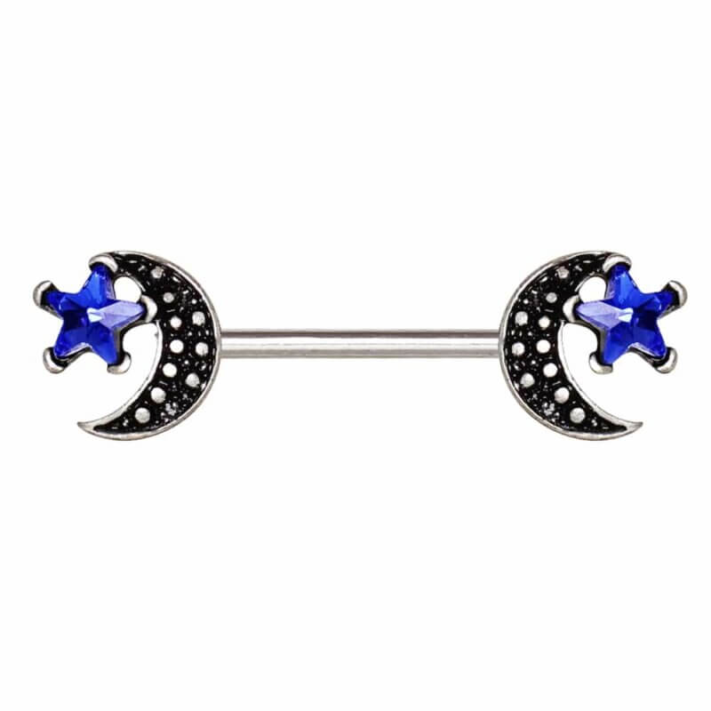 Bröstpiercing med måne och blå stjärna