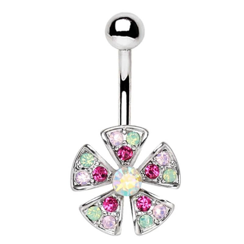 Navelpiercing med blomma och flerfärgade stenar
