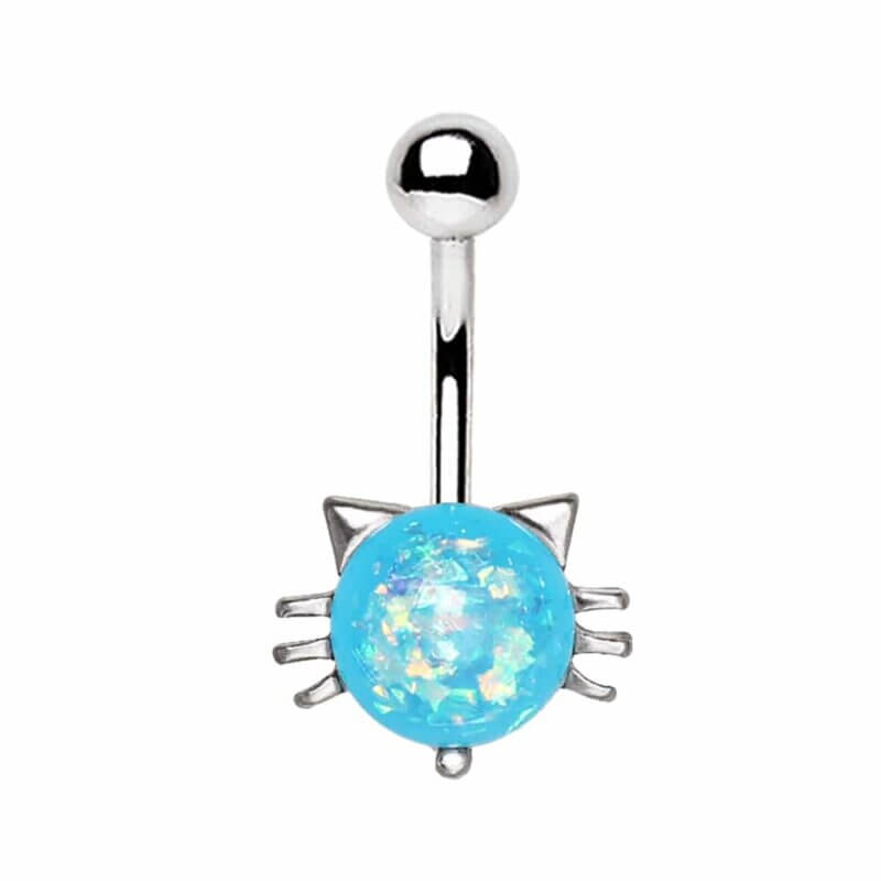 Navelpiercing med katt och blå syntetisk opal