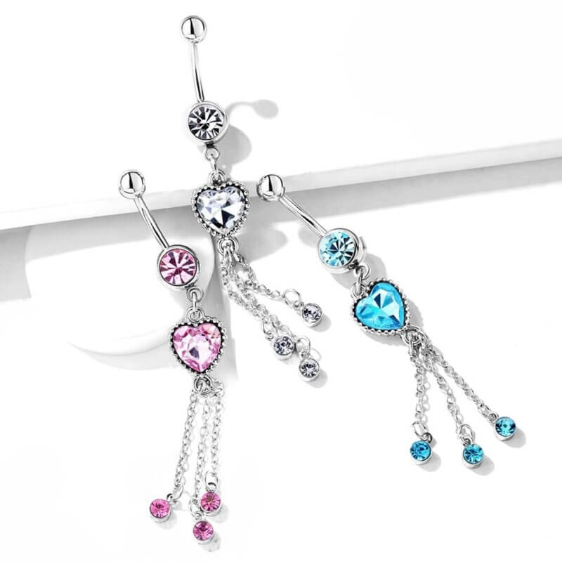 Heart CZ and Chains with CZ Dangle Navelpiercing