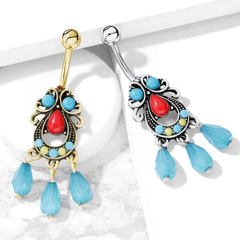 Turquoise Set Tribal Filigree with Beads Dangle Navelpiercing