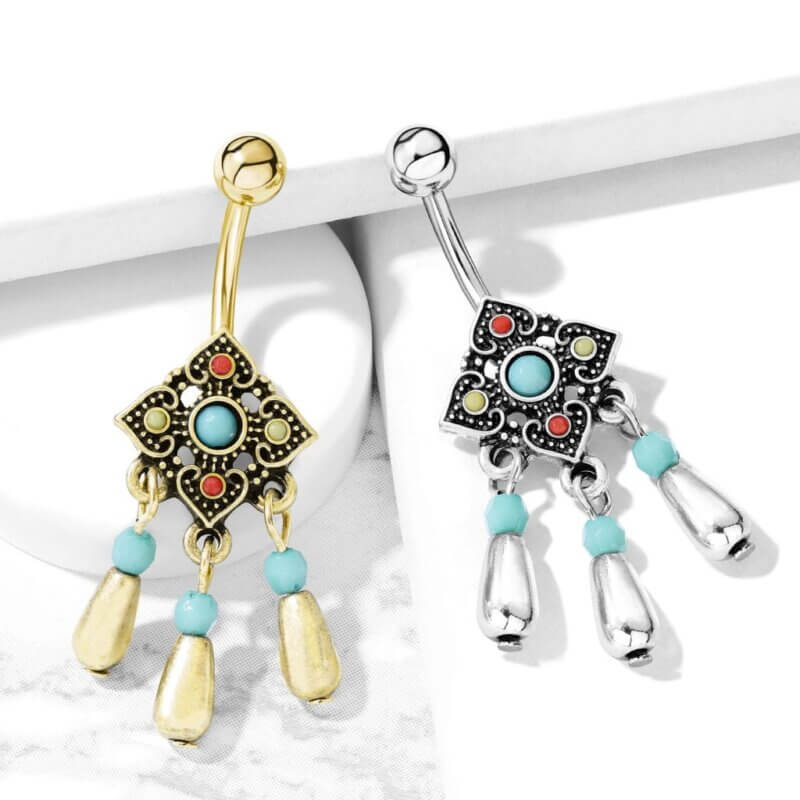 Tribal Square Flower with Beads Dangle Navelpiercing