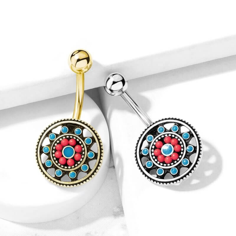 Turquoise Enamel and Beads Aztec Tribal Sun Navelpiercing