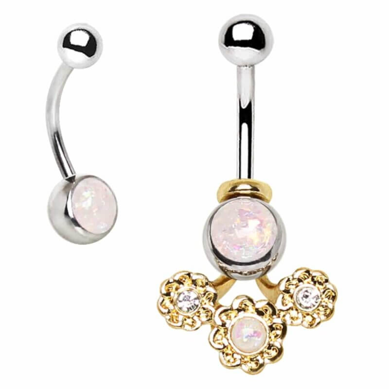 Guldpläterad 2-i-1 Navelpiercing med syntetisk opal och blommig design