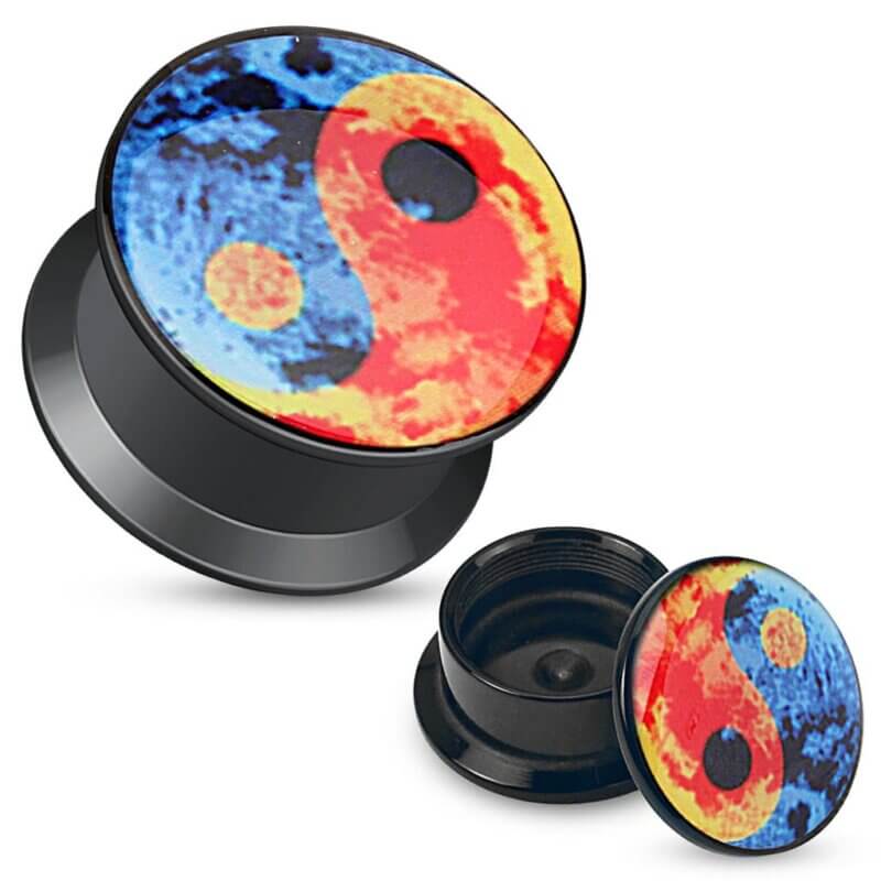 Colorful Yin Yang Print Black Acrylic Flat Screw Fit Plug