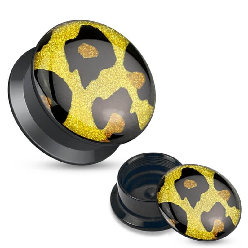 Leopard Print Glitter Top Black Acrylic Screw Fit Stash Plugs