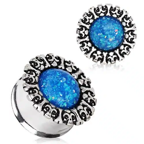 Ornate Skulls & Bones Plug with Blue Synthetic Opal