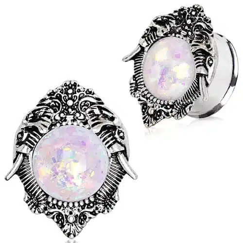 Ornate Elephant Plug with Synthetic Opal Stone