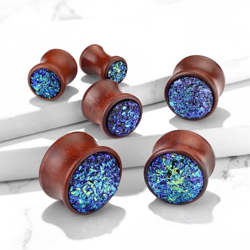 Blue Druzy Stone Set Double Flared Natural Wood Plugs