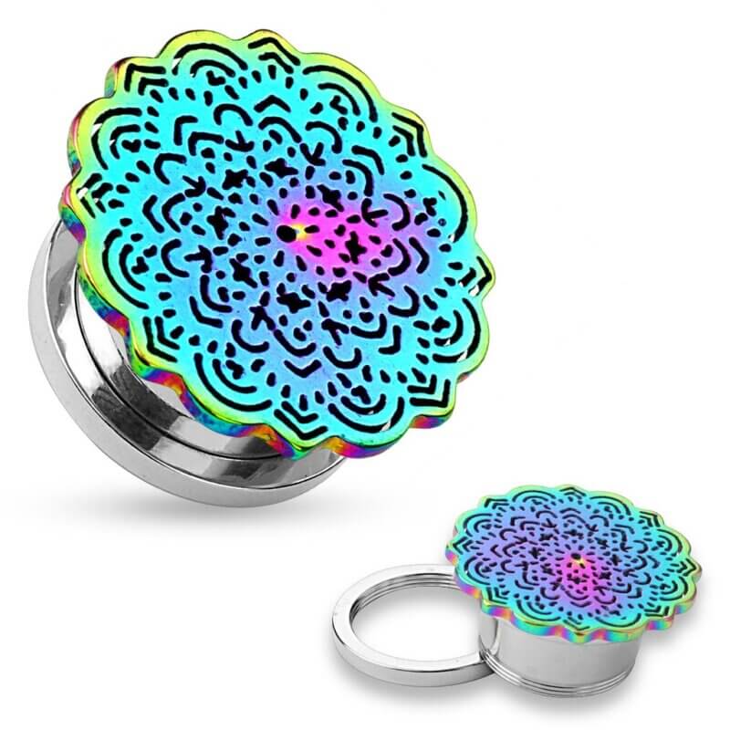 Rainbow Tribal Flower Top Screw Fit Tunnels