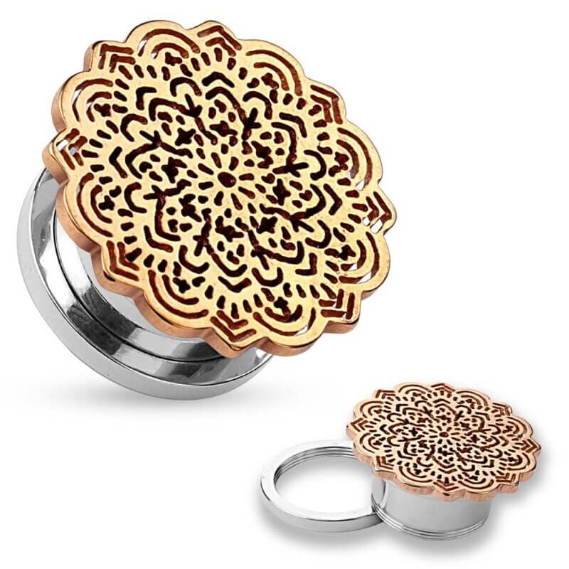 Rosegold Tribal Flower Top Design Screw Fit Tunnels