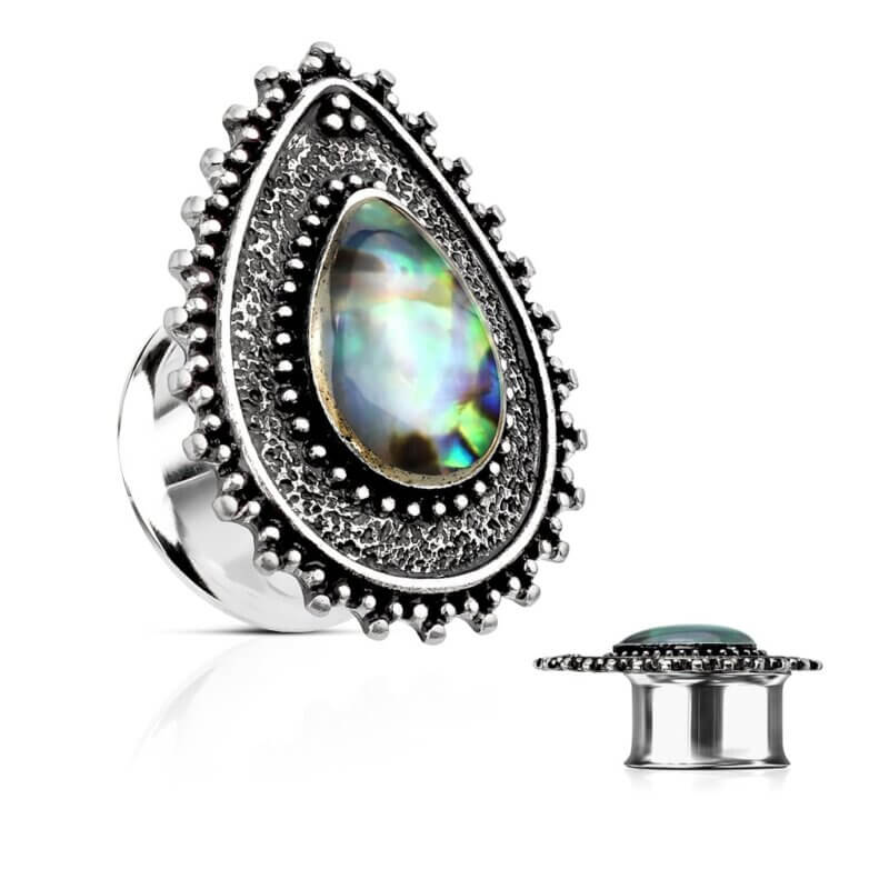 Abalone Centered Tear Drop Top Double Flared Tunnel Plugs