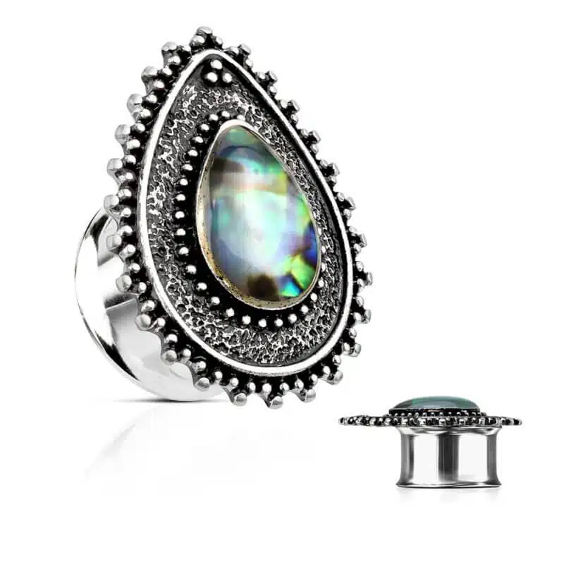 Abalone Centered Tear Drop Top Double Flared Tunnel Plugs