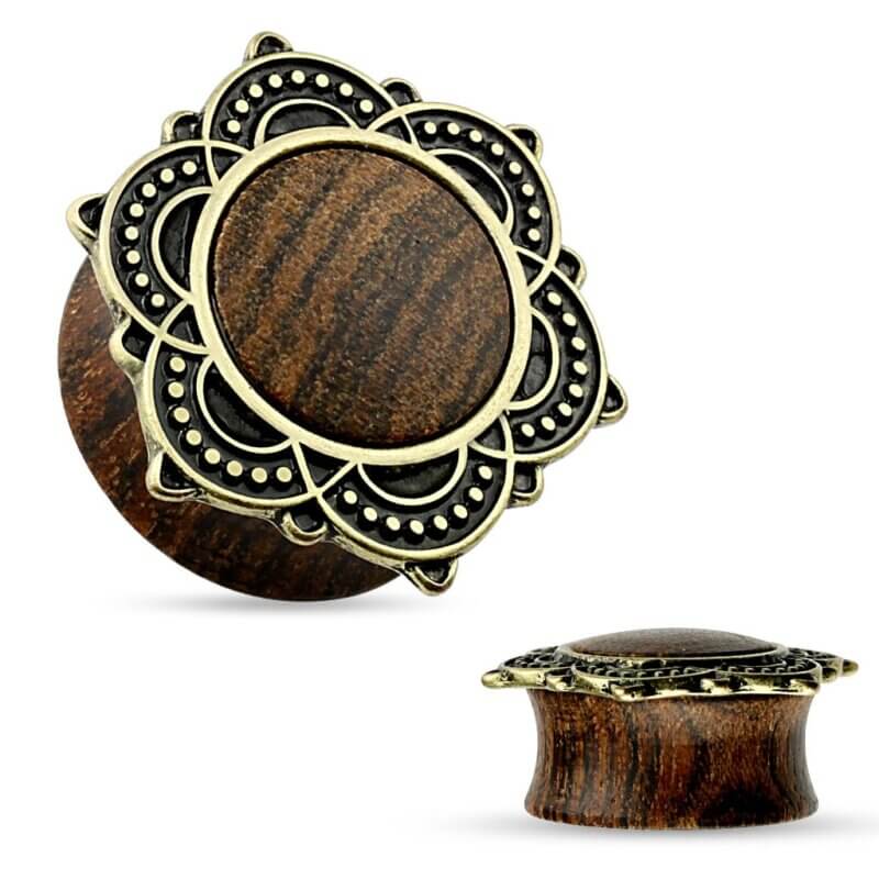 Natural Rose Wood Saddle Plug with Tribal Lotus Top