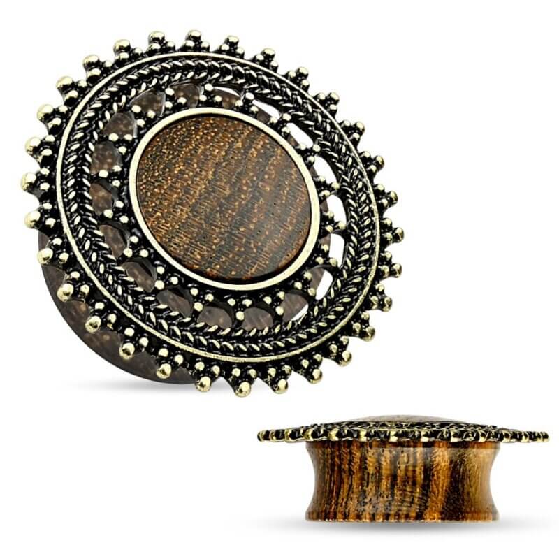 Natural Rose Wood Saddle Plug with Tribal Round Shield Top
