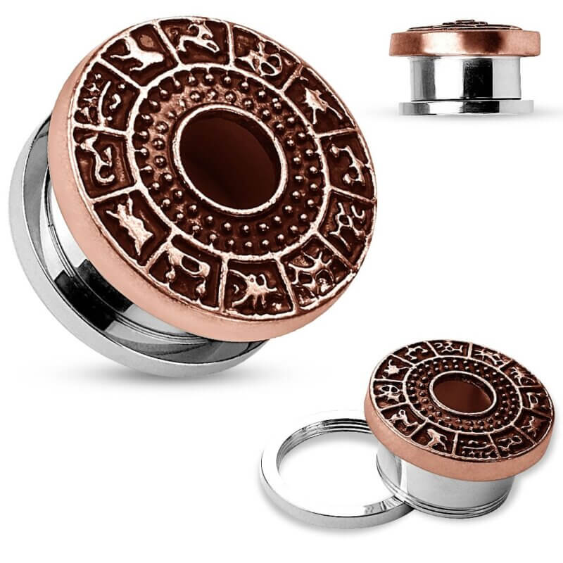 Burnish Bronze Plate Zodiac Sign Around Top Screw Fit Flesh Tunnel