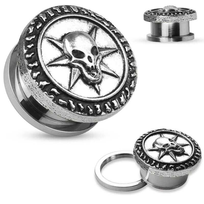 Burnish Silver Plate Skull Screw Fit Plug