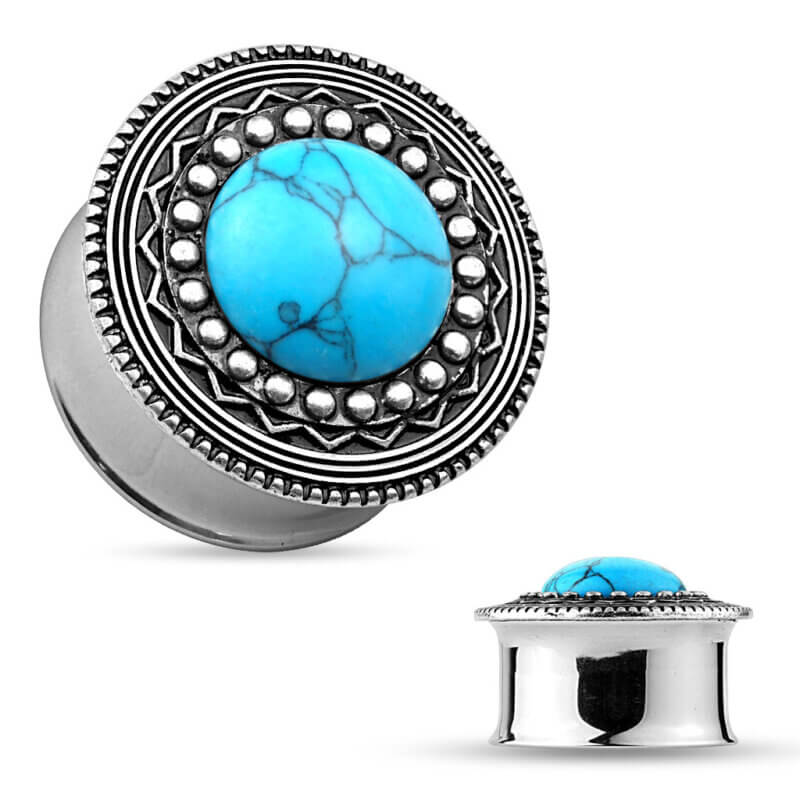 Turquoise Centered Antique Silver Plated Tribal Shield Top Double Flared Tunnels