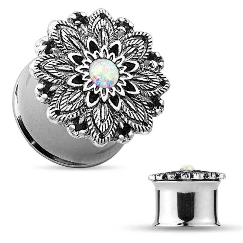 Opal Centered Antique Silver Plated Lotus Flower Top Tunnels
