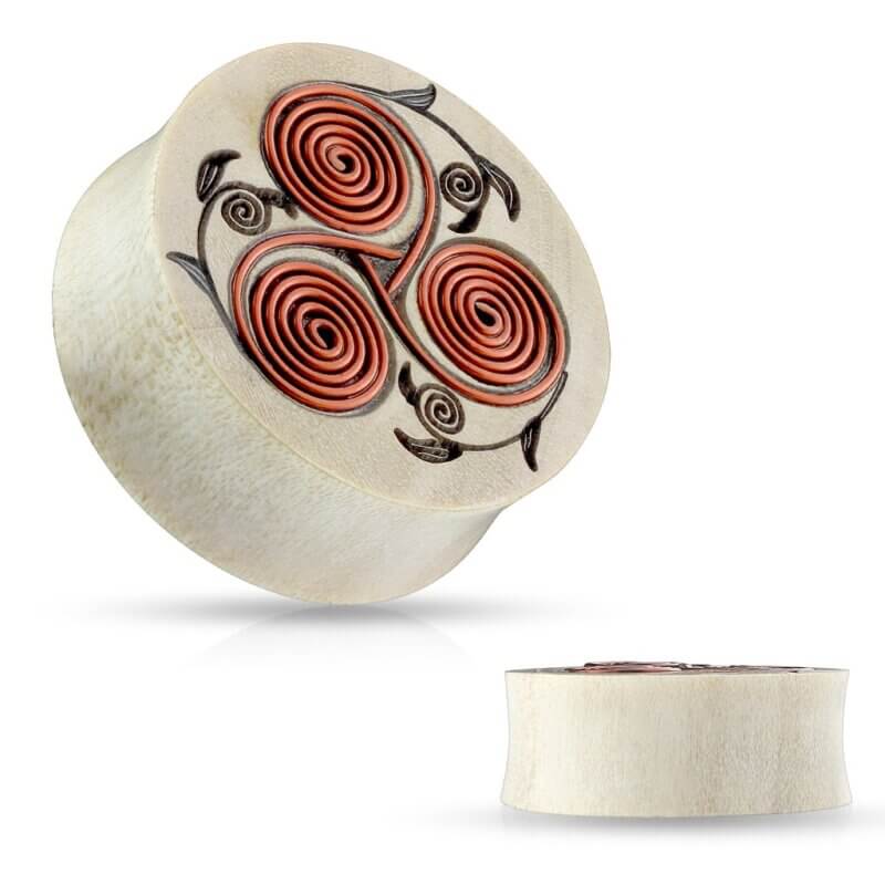 Natural Crocodile Wood Saddle Plugs with Tribal Floral Design with Copper Wires