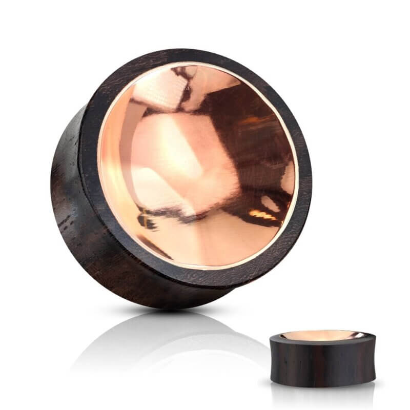 Organic Sono Wood Saddle Plug with Concaved Copper Tin Center on Both Sides