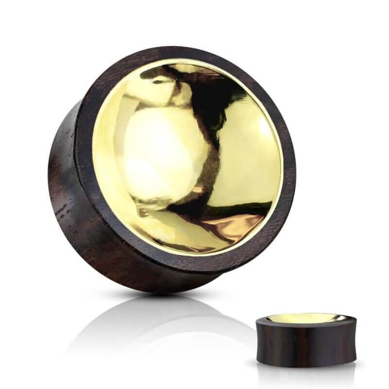 Organic Wood Saddle Plug with Concaved Gold Tin Center on Both Sides