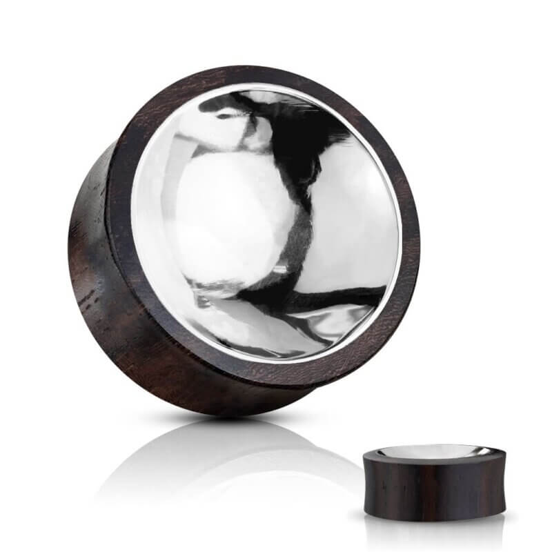 Organic Wood Saddle Plug with Concaved Silver Tin Center on Both Sides