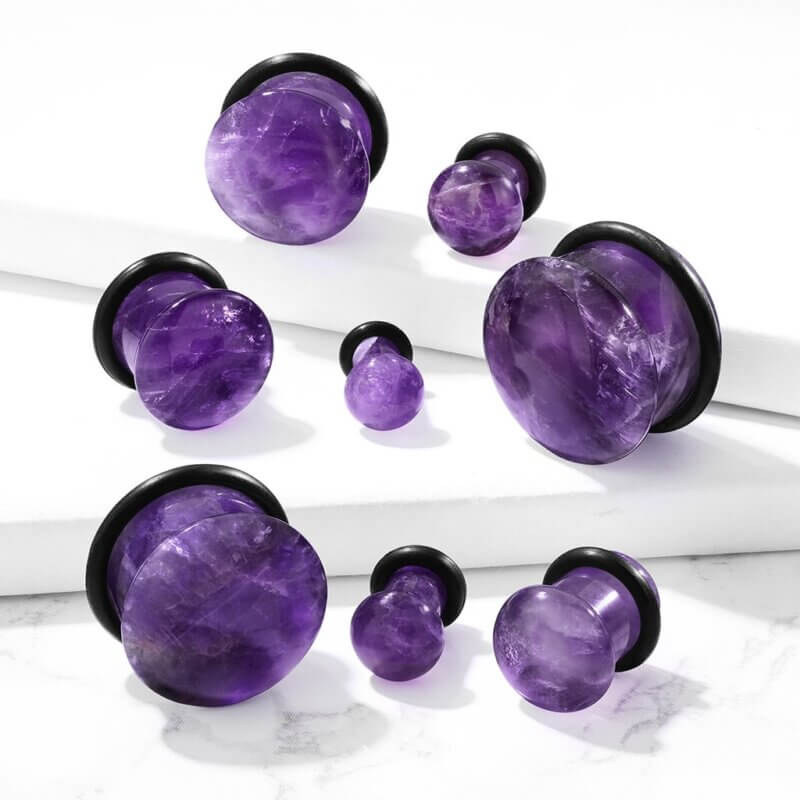 Amethyst Semi Precious Stone Domed Single Flare Plug with O-Ring
