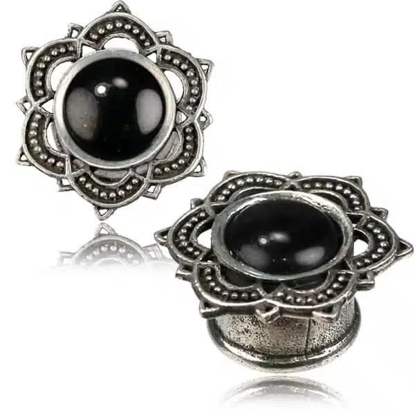 White Brass and Onyx Ear Plug