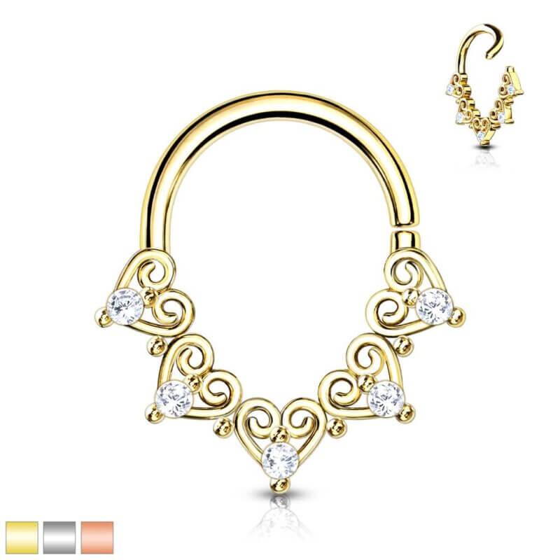 Heart Filigree with Mini CZ Details Bendable Hoop for Daith, Cartilage Septum