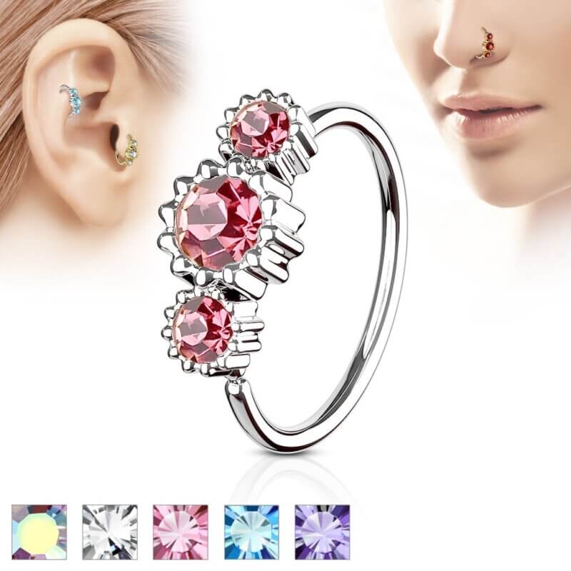 3 Round CZ Set Hoop Ring for Nose & Ear Cartilage