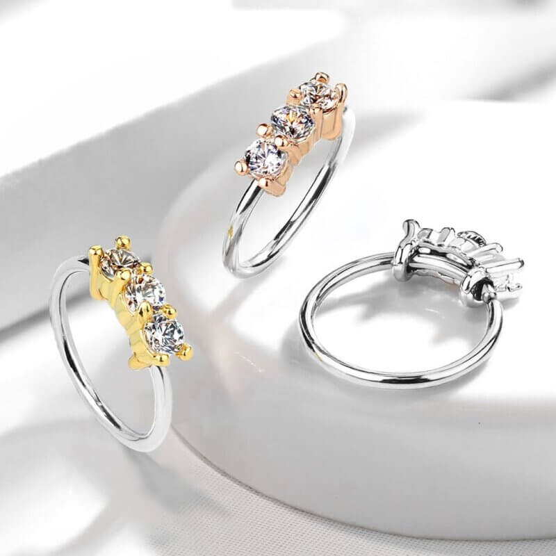 Bendable Hoop Ring With 3 Lined CZ