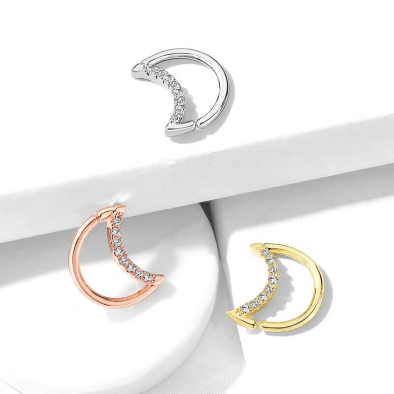 Crystal Lined Crescent Moon Shaped Ear Cartilage Daith Hoop Rings