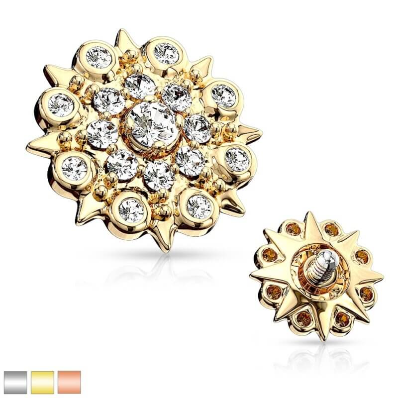 CZ Paved Floral Filigree Internal Thread Dermal Anchor Tops