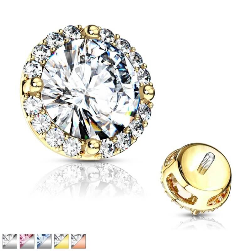 Round Prong Set CZ Center with CZ Around Internal Thread Dermal Anchor Tops