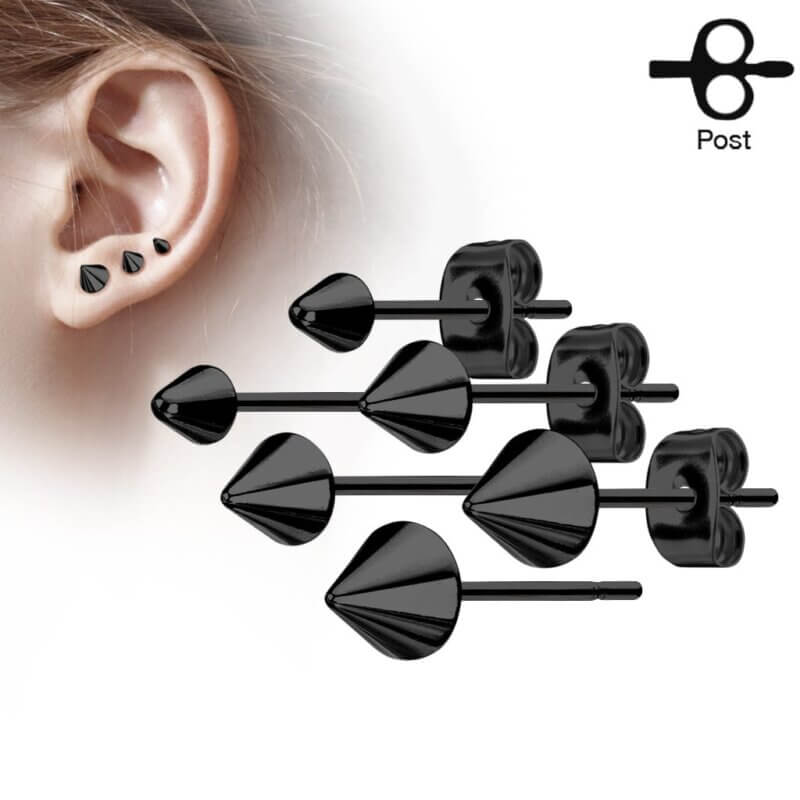 Pair of Cone Spike Stainless Steel Earring Studs Black