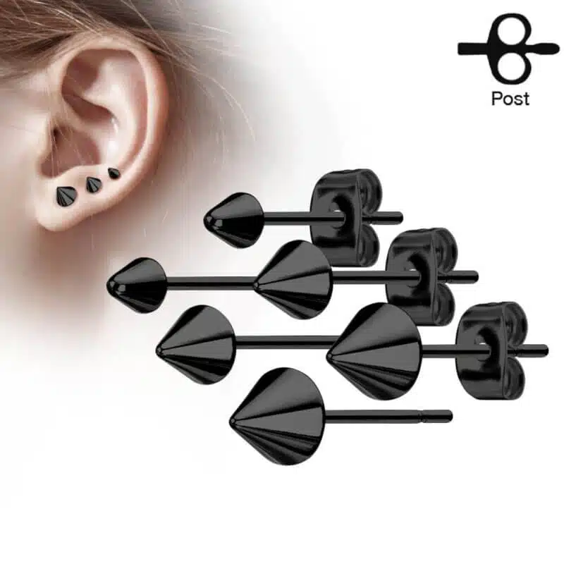 Pair of Cone Spike Stainless Steel Earring Studs Black