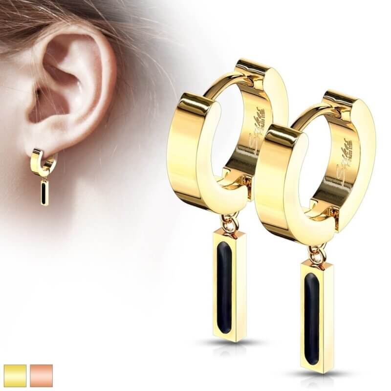 Hinged Hoop Earring and Rectangular Bar with Black IP Center Dangle