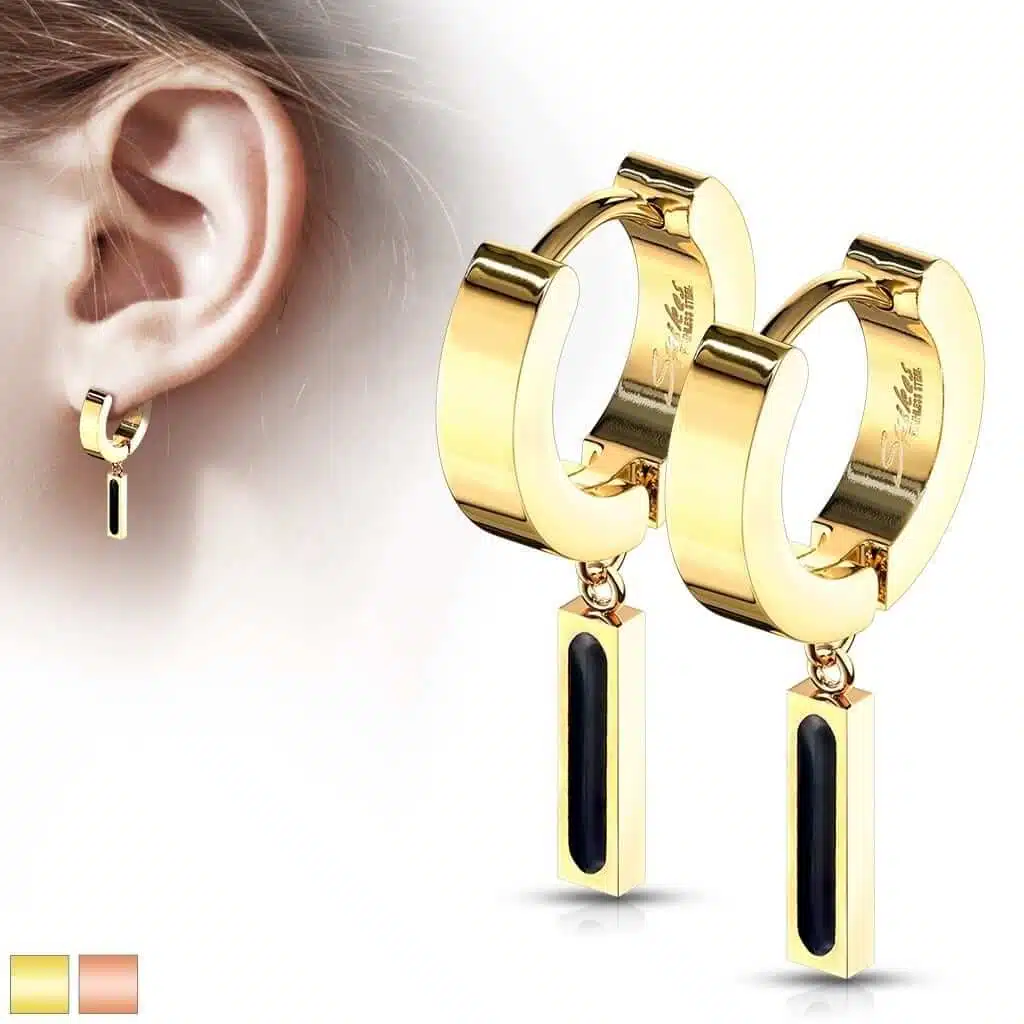 Hinged Hoop Earring and Rectangular Bar with Black IP Center Dangle
