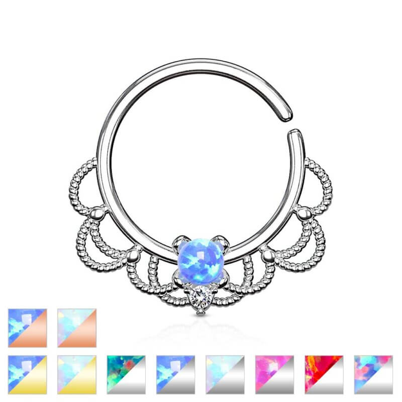 Opal Set Centered Filigree Bendable Hoop Ring