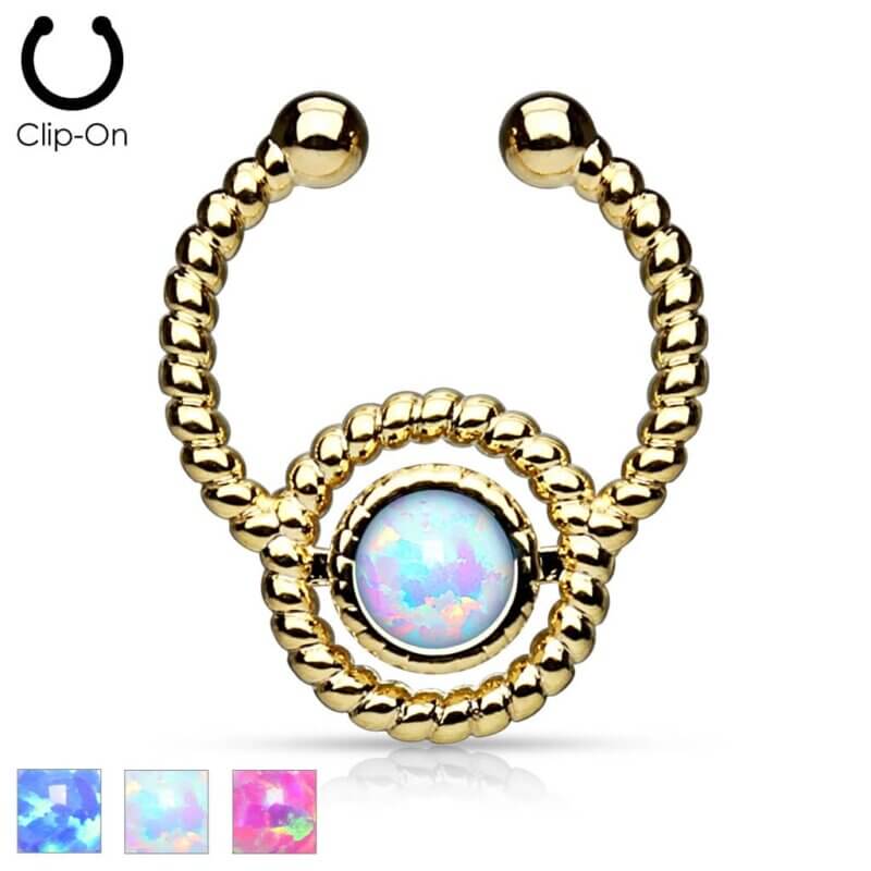 Roped Circle with Single Opal Non-Piercing Gold IP Septum Hanger