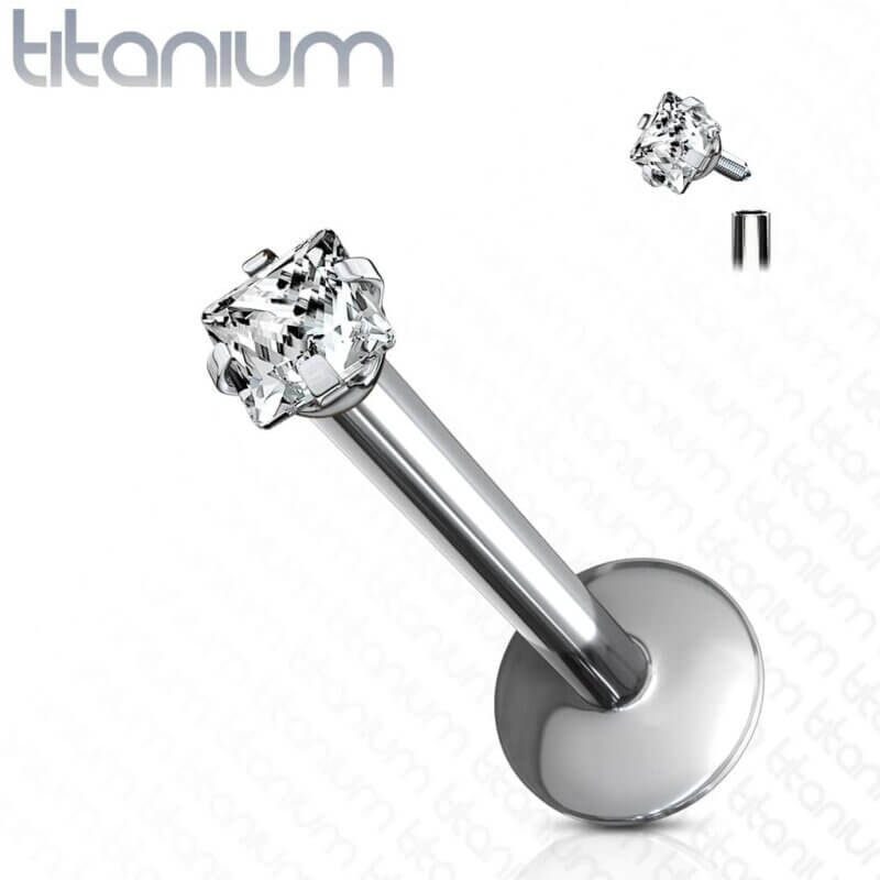 Titanium G23 Labret with Square Clear Gem Top