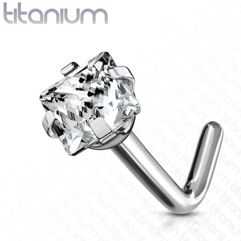 G23 Solid Titanium L Bend Nose Stud Rings with Prong Set Square CZ