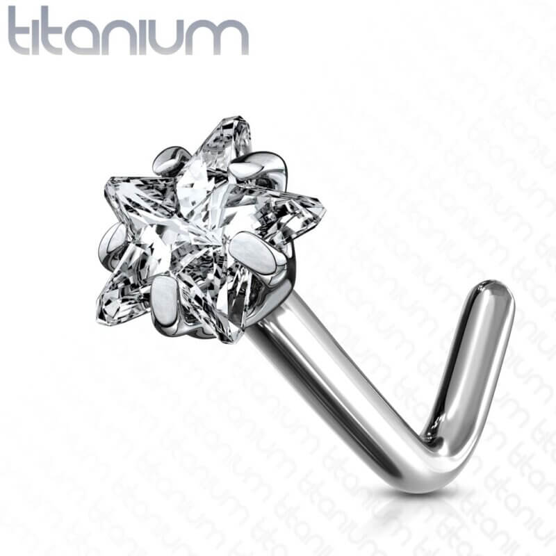 G23 Solid Titanium L Bend Nose Stud Rings with Prong Set Star CZ