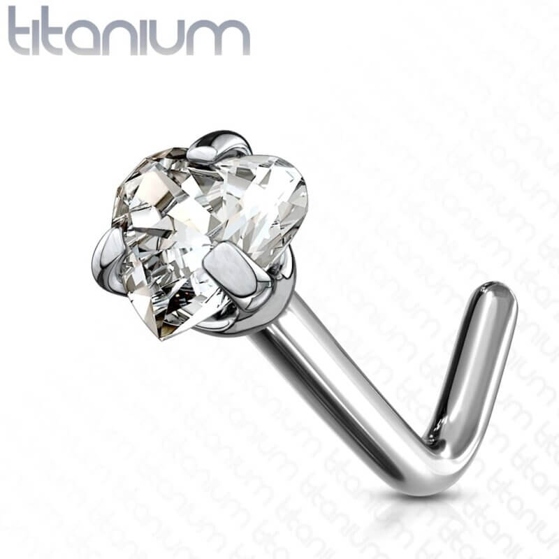 G23 Solid Titanium L Bend Nose Stud Rings with Prong Set Heart CZ